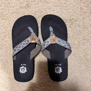 Yellow Box Black and Gray Floral Strap Flip Flop Sandals